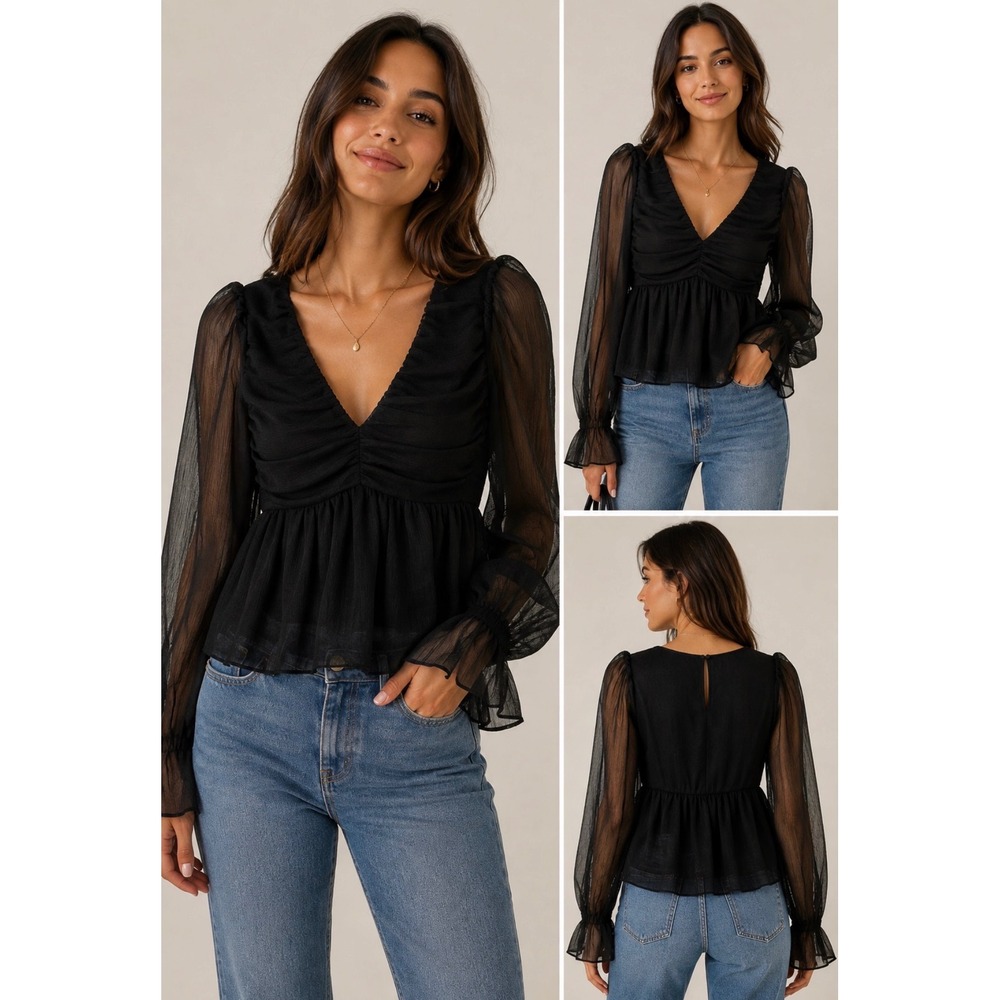 Blu Pepper Black Sheer Puff Sleeve Ruched Peplum Blouse Top Small NWT